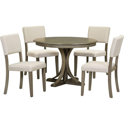 5-Piece Retro Round Dining Table Set with Curved Trestle Style Table Legs and 4 Upholstered Chairs for Dining Room (Taupe)