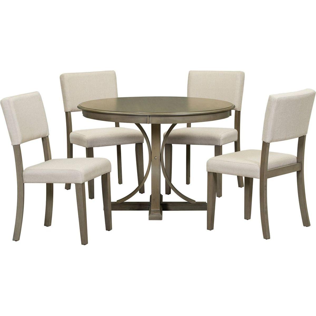5-Piece Retro Round Dining Table Set with Curved Trestle Style Table Legs and 4 Upholstered Chairs for Dining Room (Taupe)