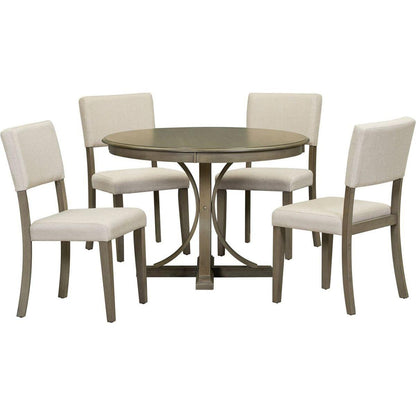 5-Piece Retro Round Dining Table Set with Curved Trestle Style Table Legs and 4 Upholstered Chairs for Dining Room (Taupe)