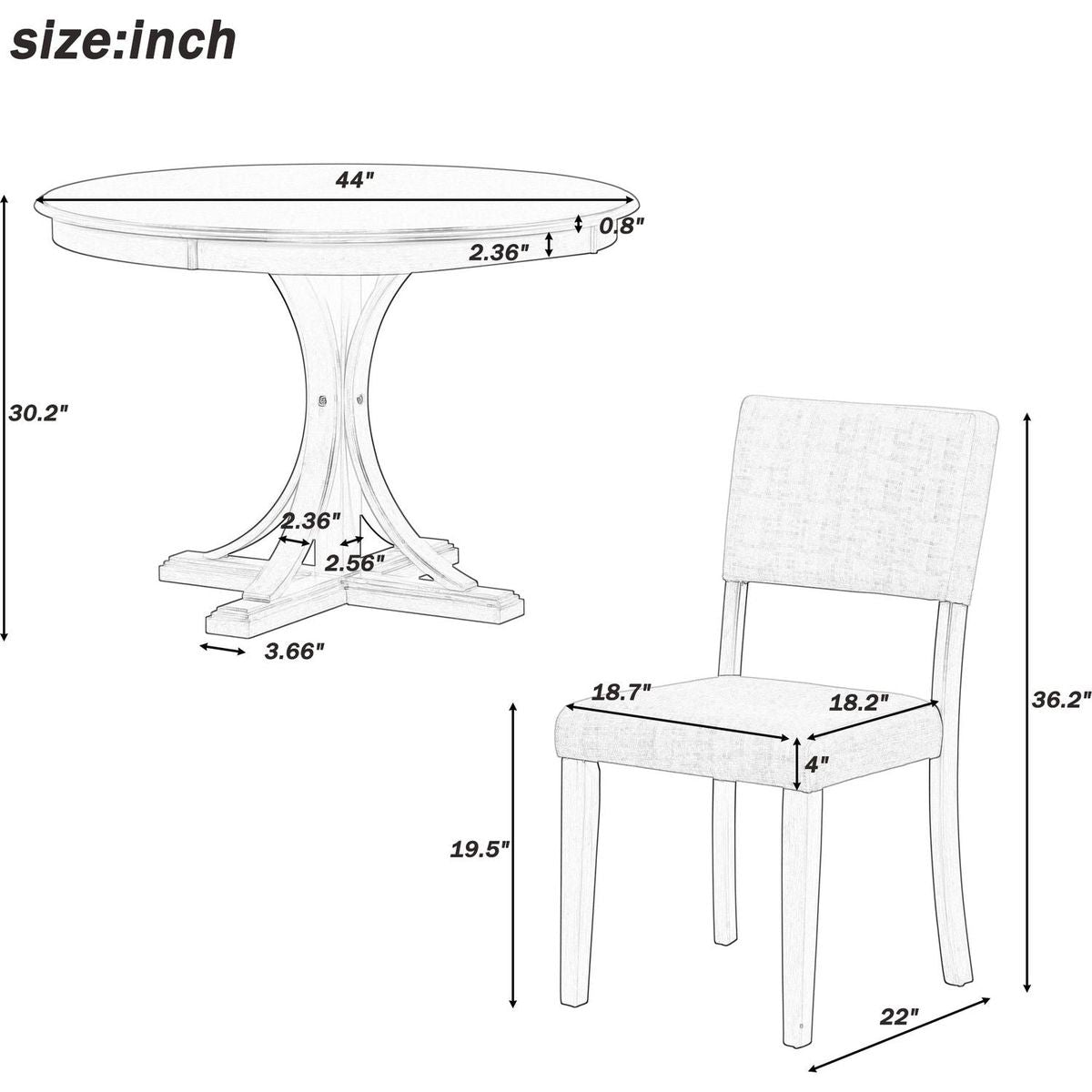 5-Piece Retro Round Dining Table Set with Curved Trestle Style Table Legs and 4 Upholstered Chairs for Dining Room (Taupe)