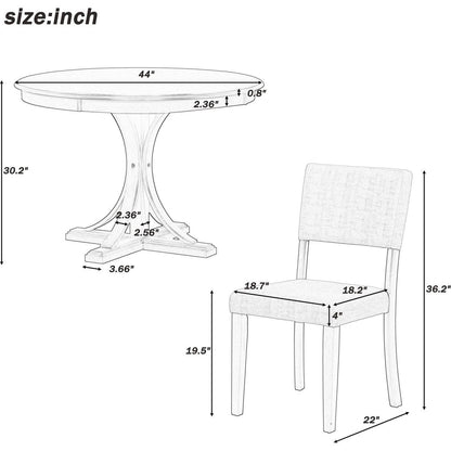 5-Piece Retro Round Dining Table Set with Curved Trestle Style Table Legs and 4 Upholstered Chairs for Dining Room (Taupe)