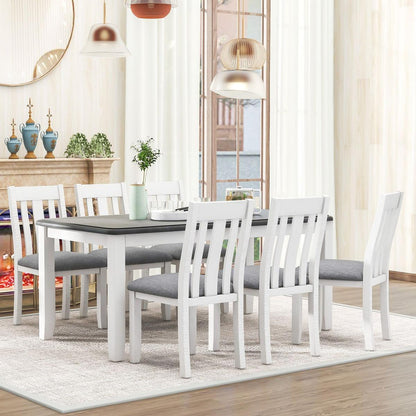 Retro Style 7-Piece Dining Table Set with Extendable Table and 6 Upholstered Chairs (Gray+White) - Streamdale Furniture