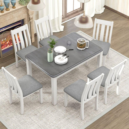 Retro Style 7-Piece Dining Table Set with Extendable Table and 6 Upholstered Chairs (Gray+White) - Streamdale Furniture