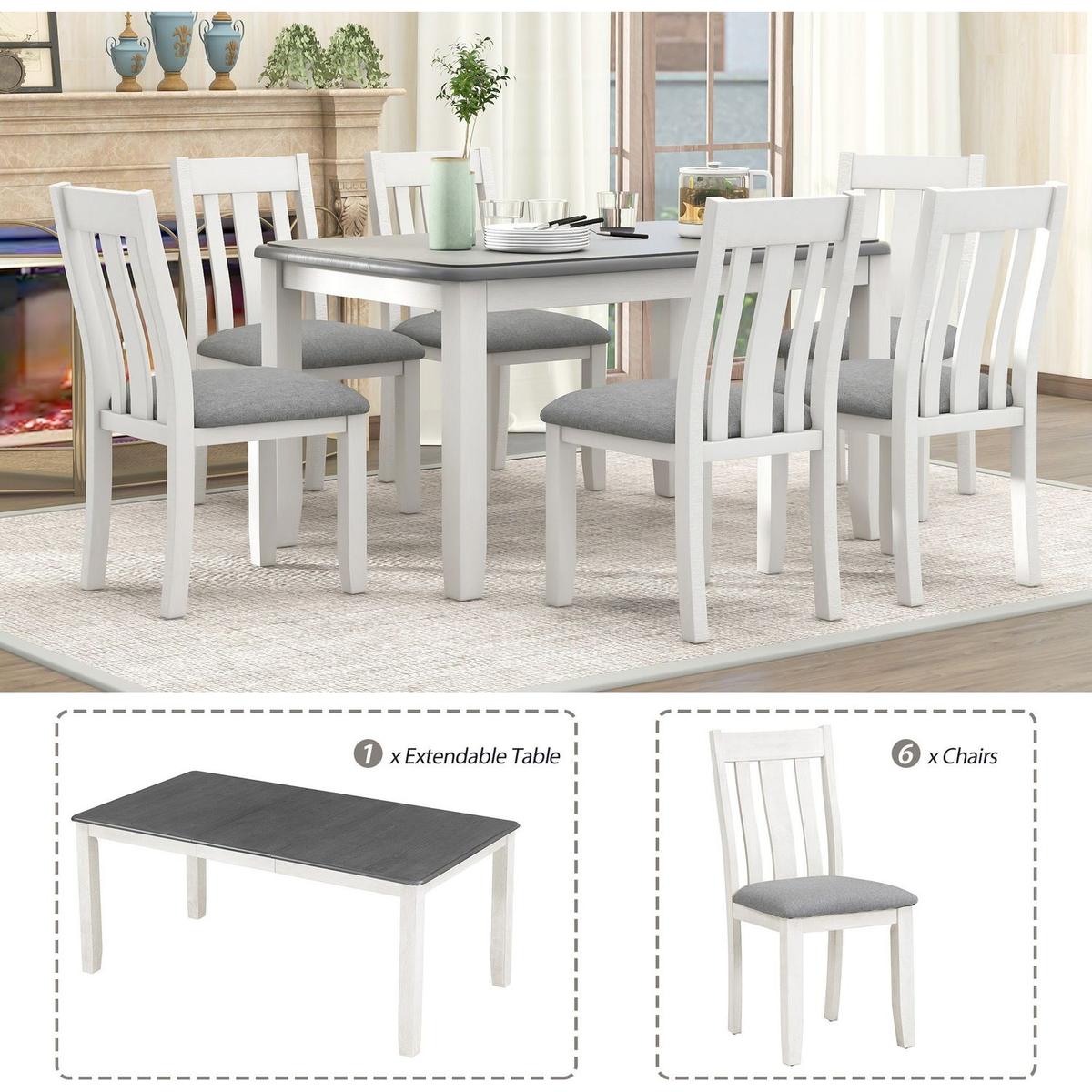 Retro Style 7-Piece Dining Table Set with Extendable Table and 6 Upholstered Chairs (Gray+White) - Streamdale Furniture