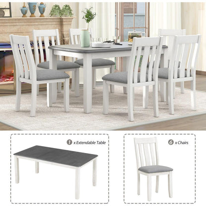 Retro Style 7-Piece Dining Table Set with Extendable Table and 6 Upholstered Chairs (Gray+White) - Streamdale Furniture