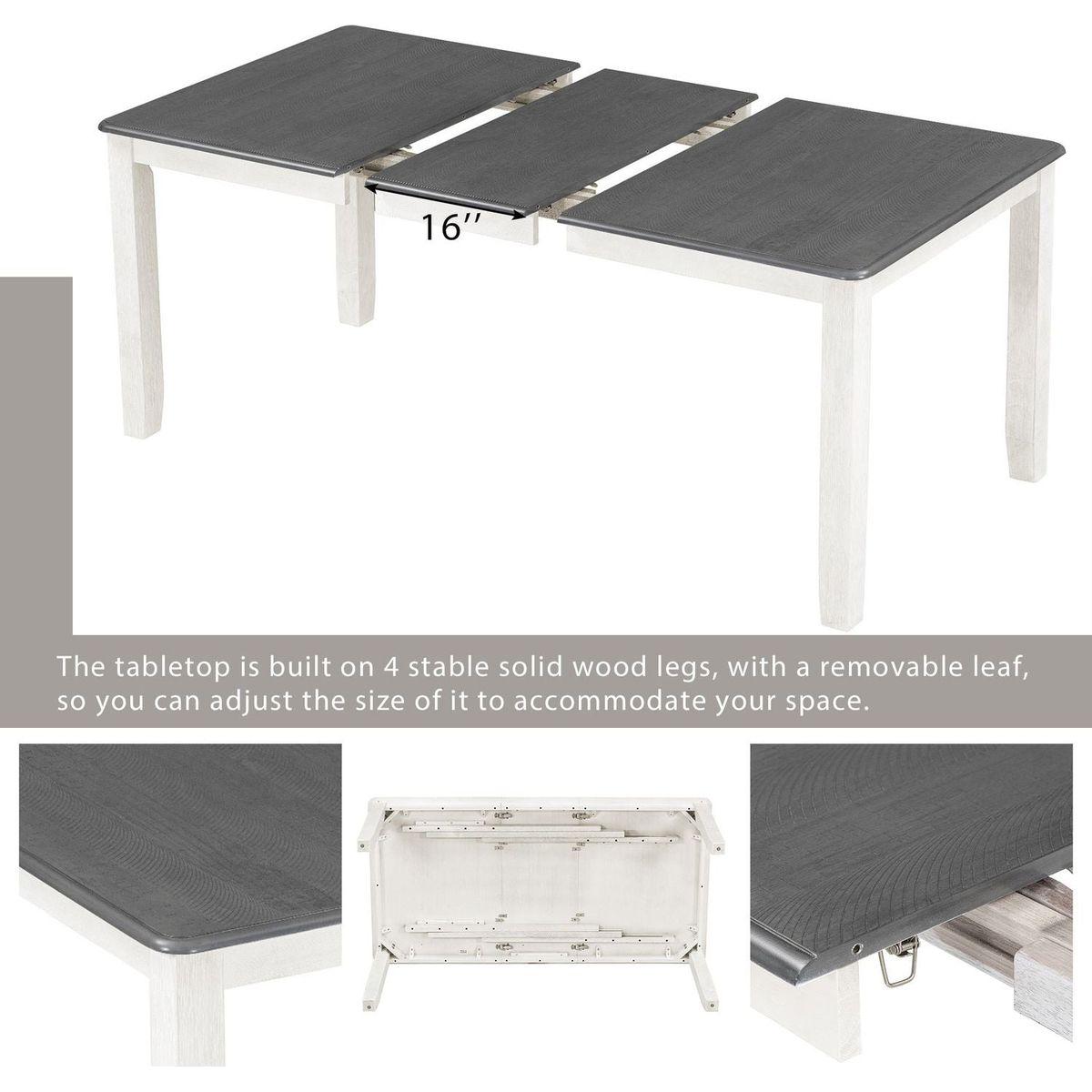 Retro Style 7-Piece Dining Table Set with Extendable Table and 6 Upholstered Chairs (Gray+White) - Streamdale Furniture