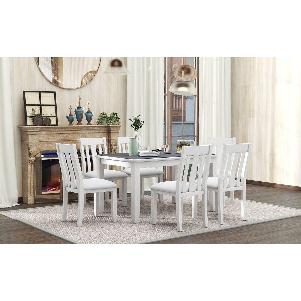 Retro Style 7-Piece Dining Table Set with Extendable Table and 6 Upholstered Chairs (Gray+White) - Streamdale Furniture