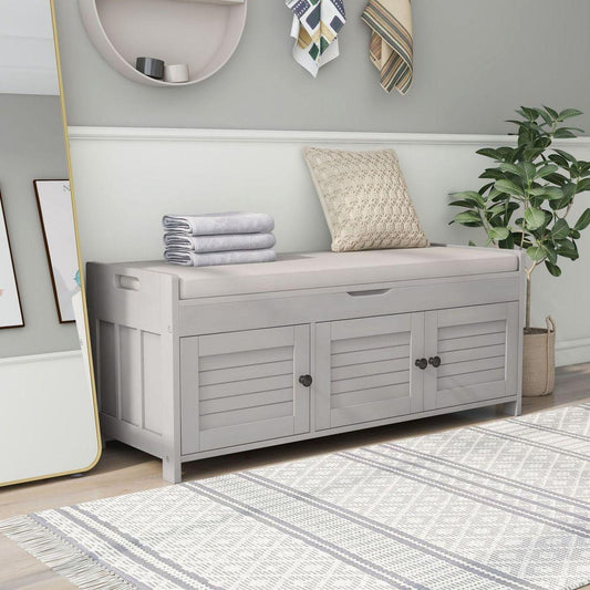 Storage Bench with 3 Shutter-shaped Doors, Shoe Bench with Removable Cushion and Hidden Storage Space (Gray Wash