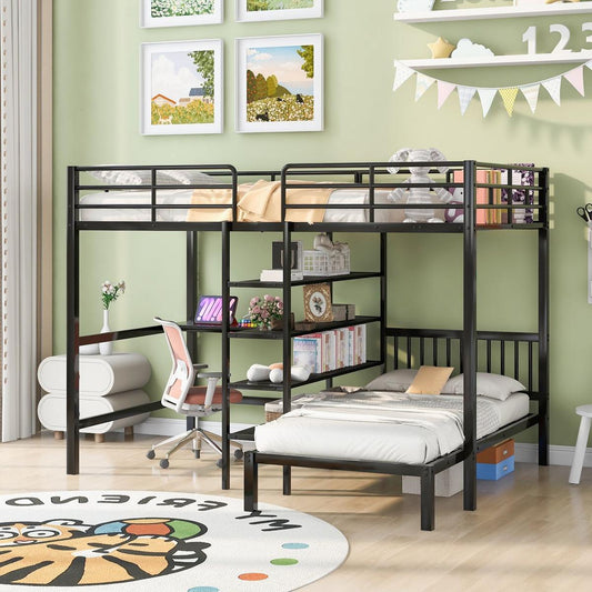 Full Over Twin Metal Bunk Bed with Built-in Desk, Shelves and Ladder, Black - Streamdale Furniture