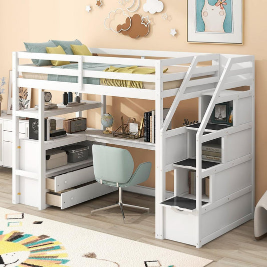 Twin Size Loft Bed with Desk and Shelves, Two Built-in Drawers, Storage Staircase, White - Streamdale Furniture