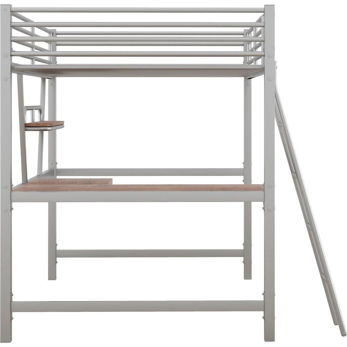 Full Size Loft Metal&MDF Bed with Desk and Shelf, Silver
