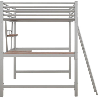 Full Size Loft Metal&MDF Bed with Desk and Shelf, Silver