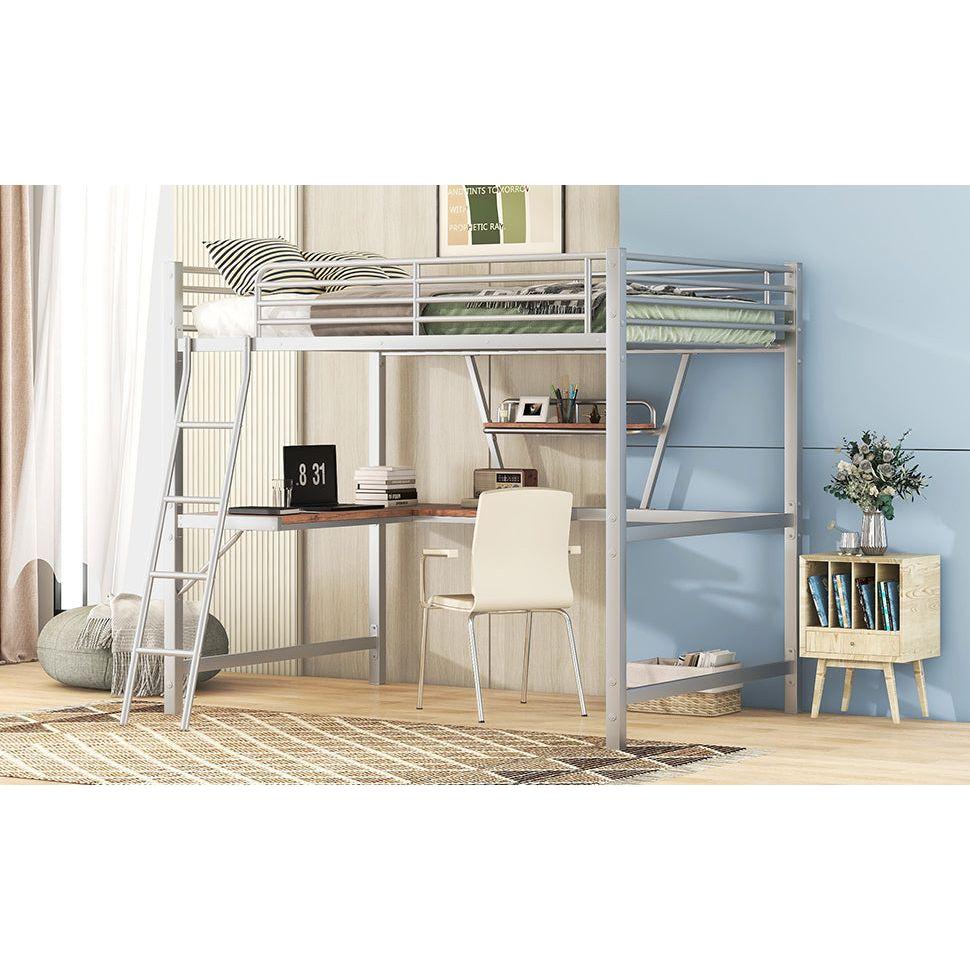 Full Size Loft Metal&MDF Bed with Desk and Shelf, Silver