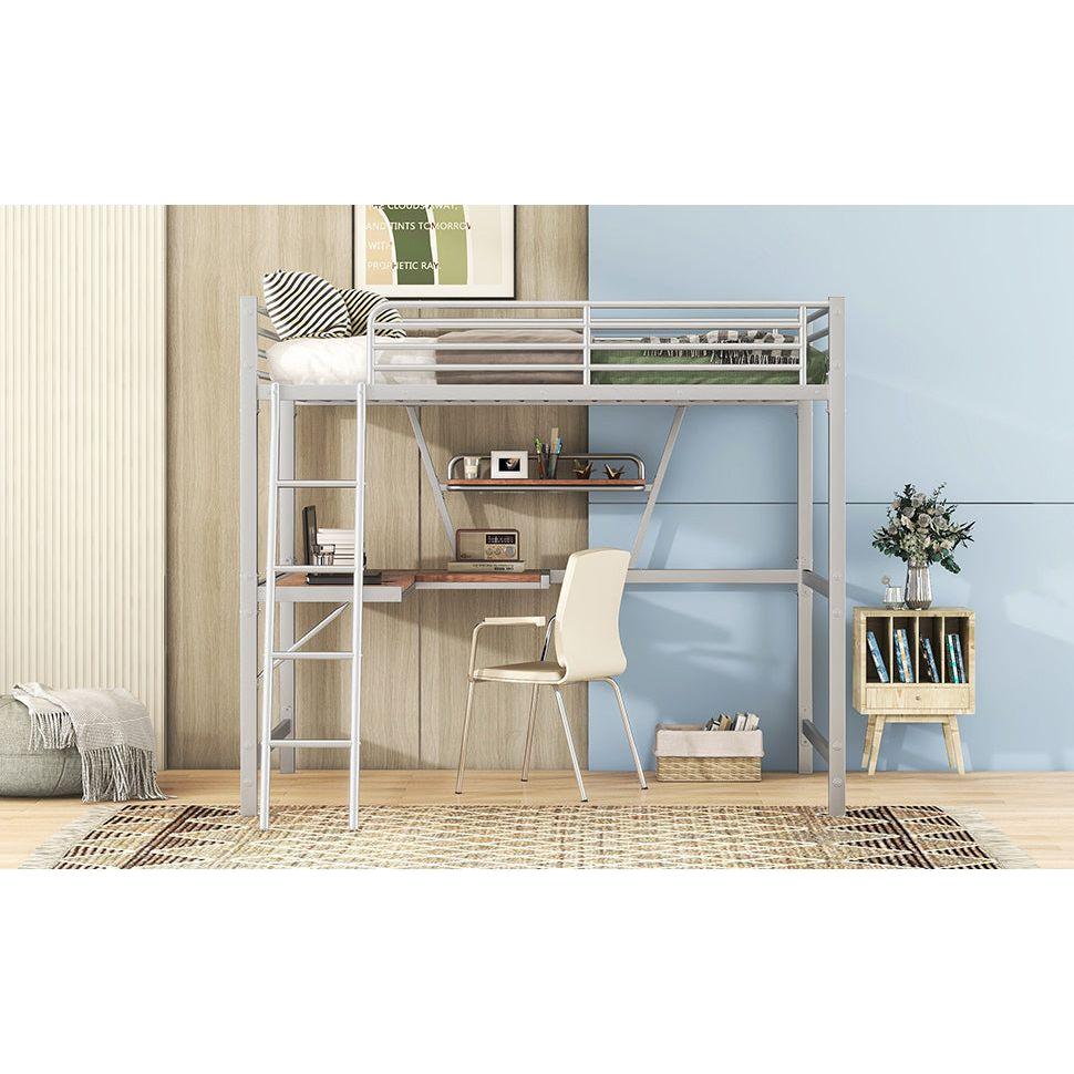 Full Size Loft Metal&MDF Bed with Desk and Shelf, Silver