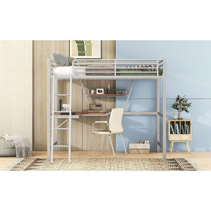 Full Size Loft Metal&MDF Bed with Desk and Shelf, Silver