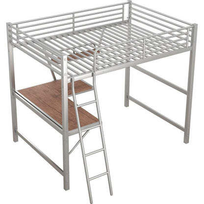 Full Size Loft Metal&MDF Bed with Desk and Shelf, Silver
