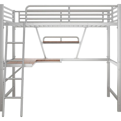 Full Size Loft Metal&MDF Bed with Desk and Shelf, Silver