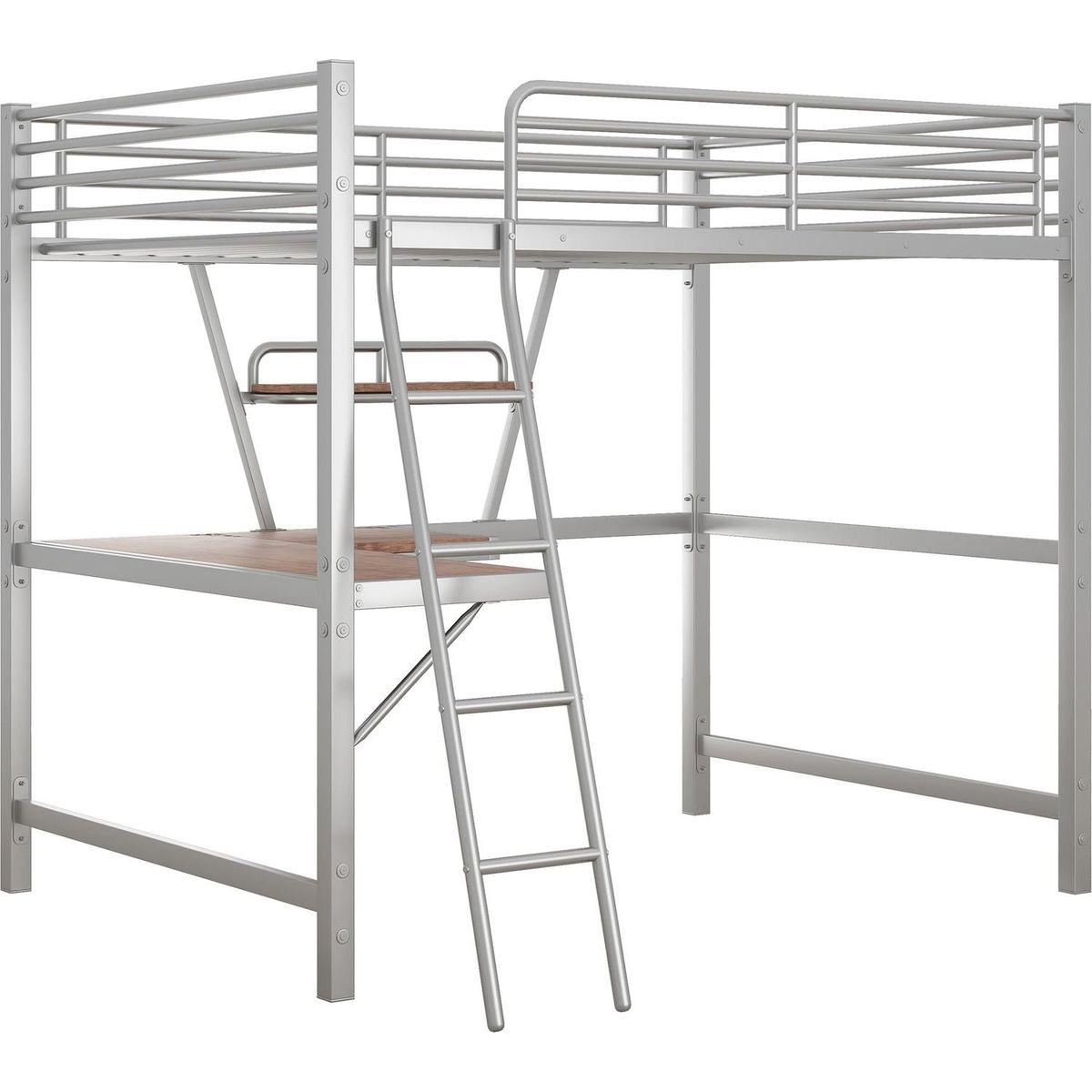Full Size Loft Metal&MDF Bed with Desk and Shelf, Silver