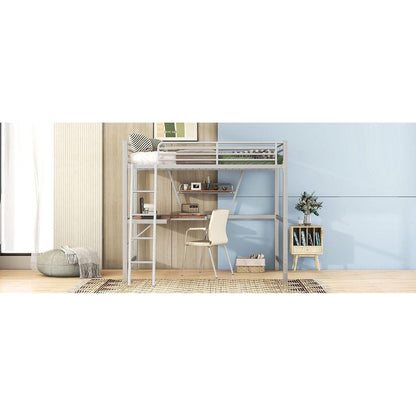 Full Size Loft Metal&MDF Bed with Desk and Shelf, Silver