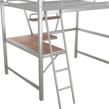 Full Size Loft Metal&MDF Bed with Desk and Shelf, Silver
