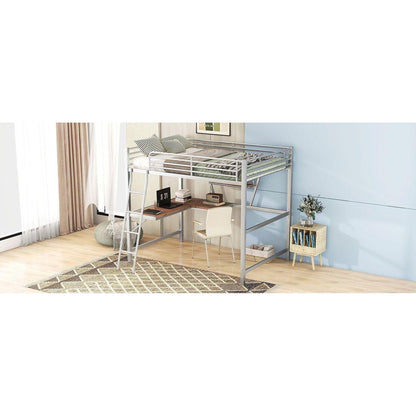 Full Size Loft Metal&MDF Bed with Desk and Shelf, Silver