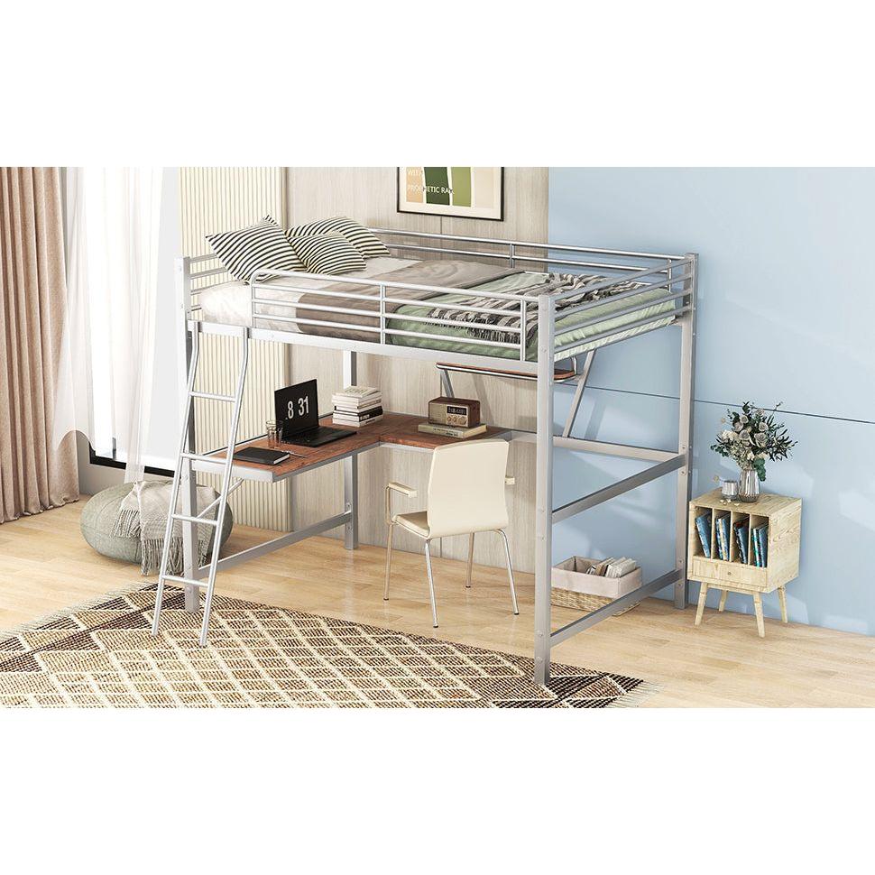 Full Size Loft Metal&MDF Bed with Desk and Shelf, Silver