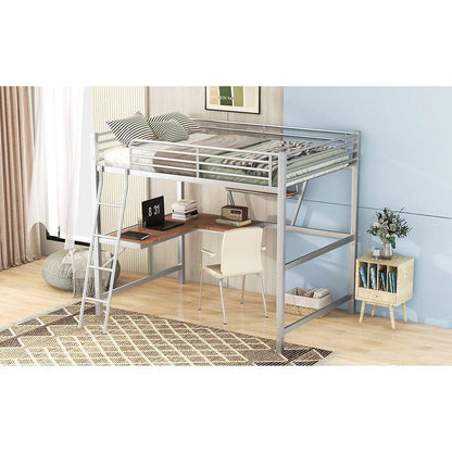Full Size Loft Metal&MDF Bed with Desk and Shelf, Silver