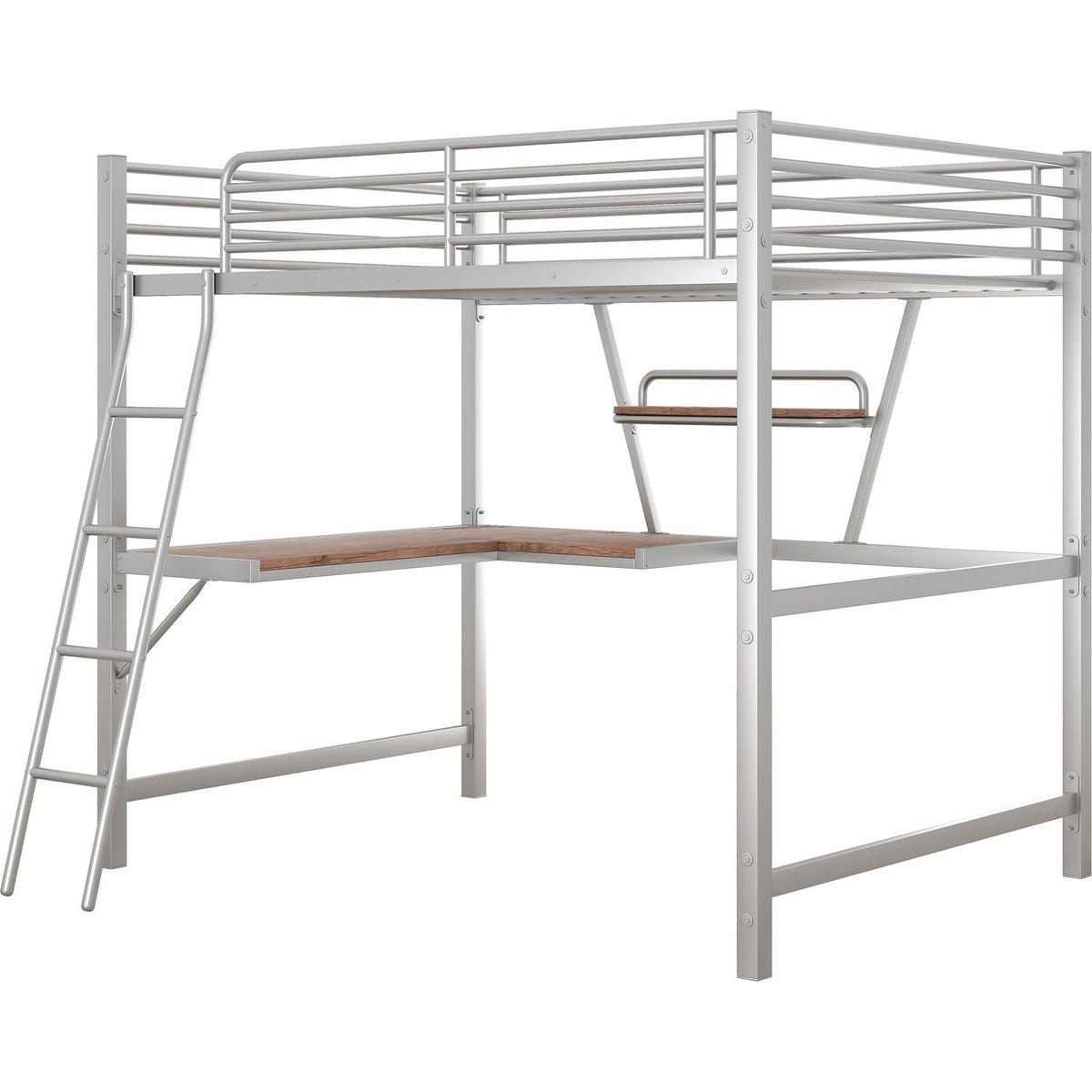 Full Size Loft Metal&MDF Bed with Desk and Shelf, Silver
