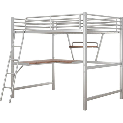 Full Size Loft Metal&MDF Bed with Desk and Shelf, Silver