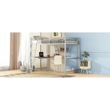 Full Size Loft Metal&MDF Bed with Desk and Shelf, Silver