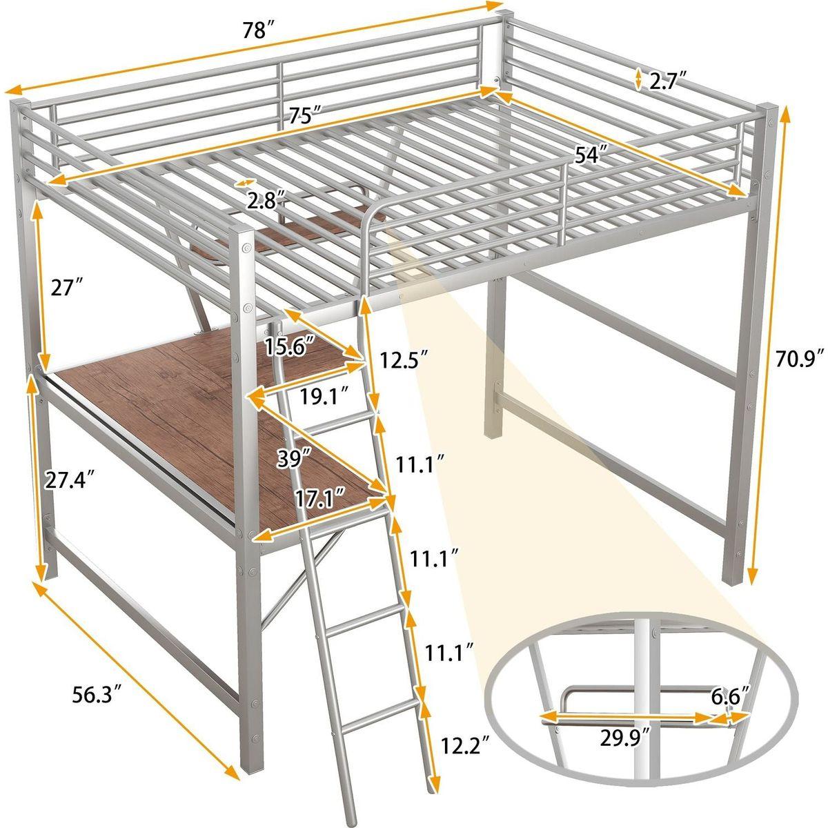 Full Size Loft Metal&MDF Bed with Desk and Shelf, Silver