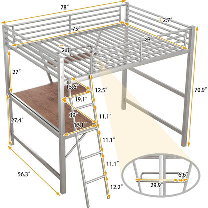 Full Size Loft Metal&MDF Bed with Desk and Shelf, Silver