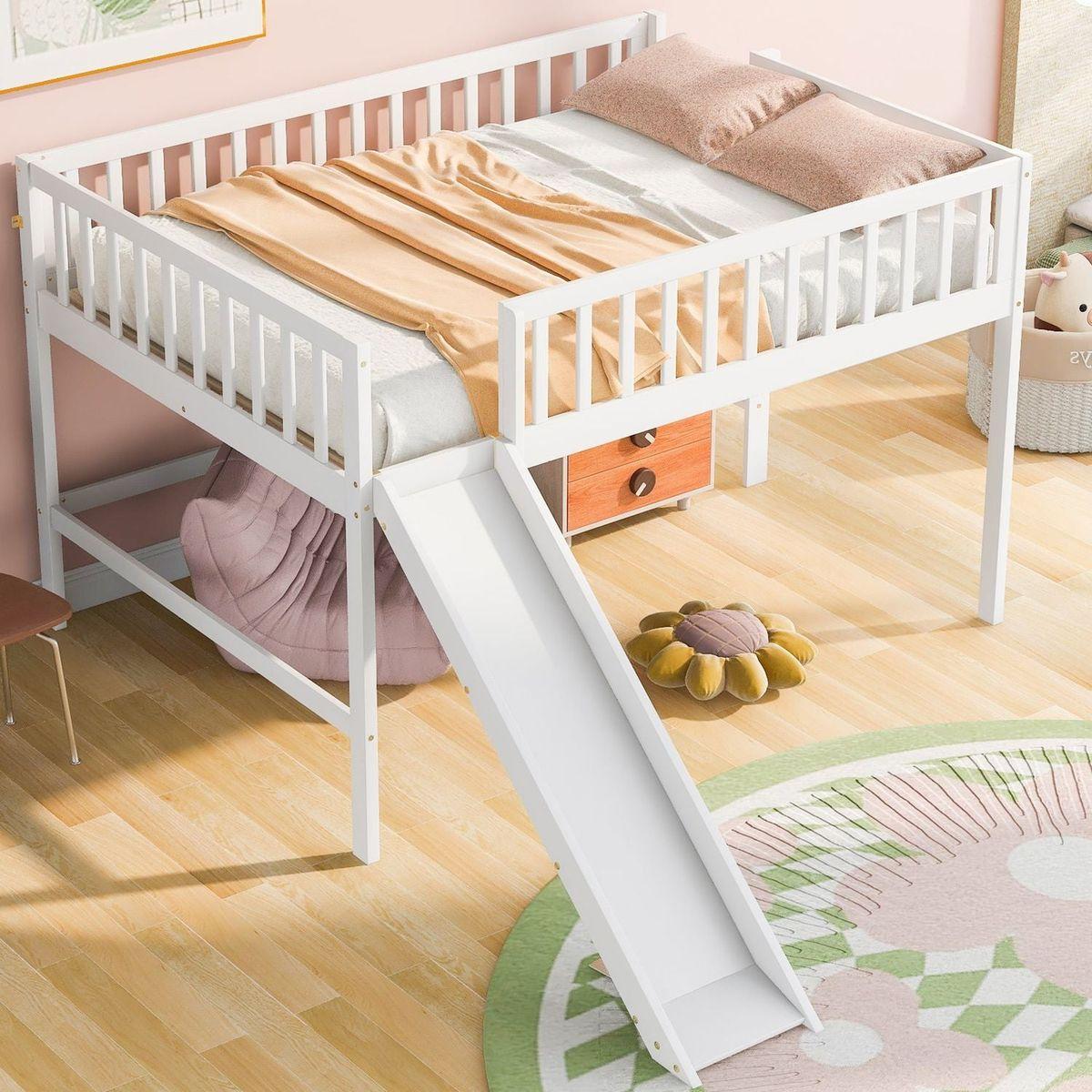 Full Size Low Loft Bed with Ladder and Slide,White