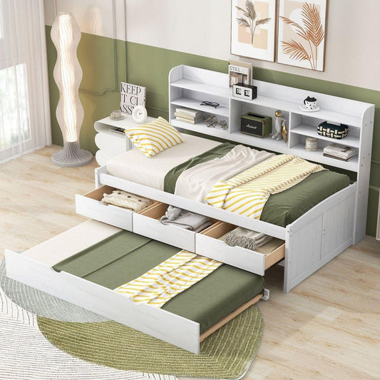 Twin Size Wooden Captain Bed with Built-in Bookshelves,Three Storage Drawers and Trundle, White Wash(Expected Arrivial Time: 11.17)