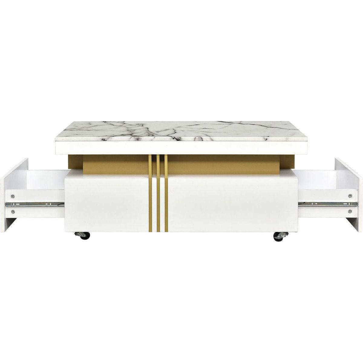 Contemporary Coffee Table with Faux Marble Top, Rectangle Cocktail Table with Caster Wheels, Moderate Luxury Center Table with Gold Metal Bars for Living Room, White