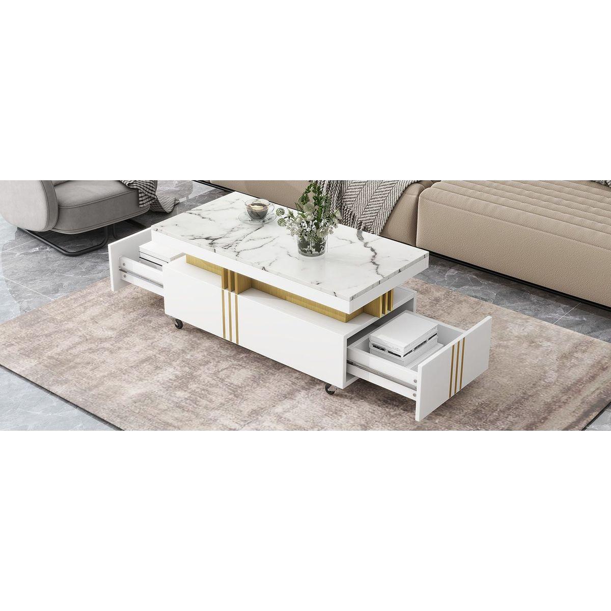 Contemporary Coffee Table with Faux Marble Top, Rectangle Cocktail Table with Caster Wheels, Moderate Luxury Center Table with Gold Metal Bars for Living Room, White