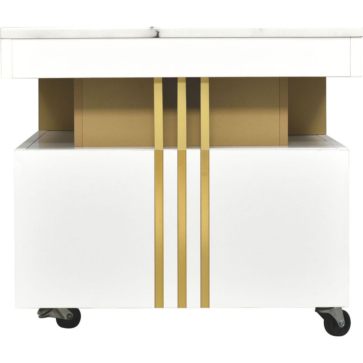 Contemporary Coffee Table with Faux Marble Top, Rectangle Cocktail Table with Caster Wheels, Moderate Luxury Center Table with Gold Metal Bars for Living Room, White