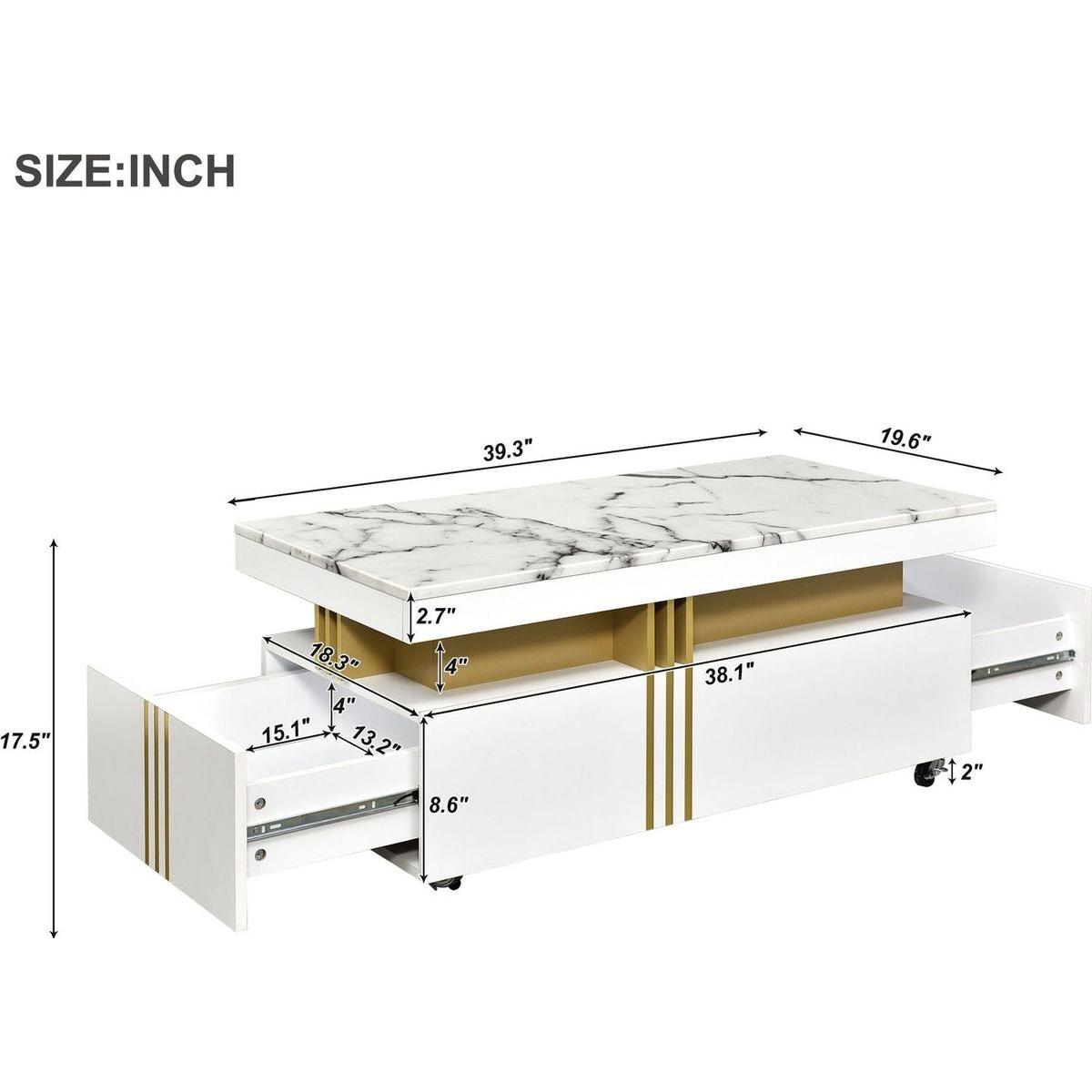 Contemporary Coffee Table with Faux Marble Top, Rectangle Cocktail Table with Caster Wheels, Moderate Luxury Center Table with Gold Metal Bars for Living Room, White