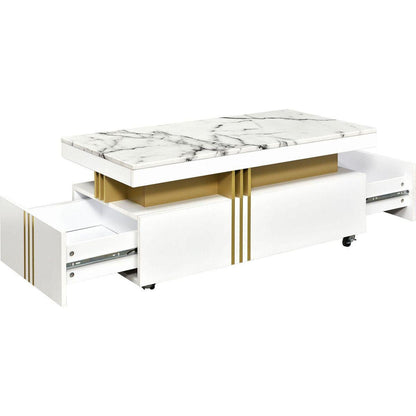 Contemporary Coffee Table with Faux Marble Top, Rectangle Cocktail Table with Caster Wheels, Moderate Luxury Center Table with Gold Metal Bars for Living Room, White