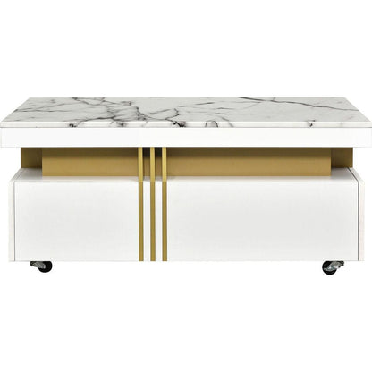 Contemporary Coffee Table with Faux Marble Top, Rectangle Cocktail Table with Caster Wheels, Moderate Luxury Center Table with Gold Metal Bars for Living Room, White