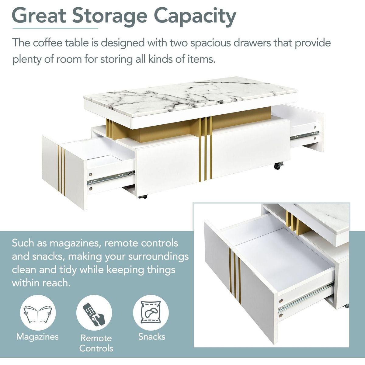 Contemporary Coffee Table with Faux Marble Top, Rectangle Cocktail Table with Caster Wheels, Moderate Luxury Center Table with Gold Metal Bars for Living Room, White