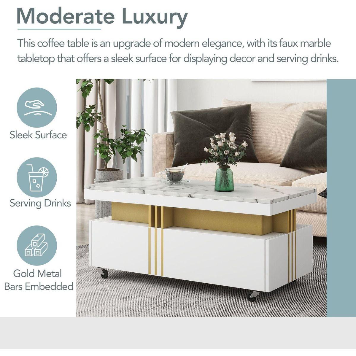 Contemporary Coffee Table with Faux Marble Top, Rectangle Cocktail Table with Caster Wheels, Moderate Luxury Center Table with Gold Metal Bars for Living Room, White