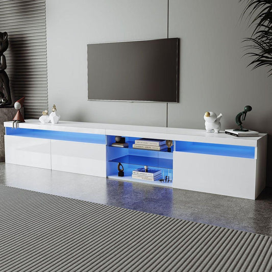 Unique Design TV Stand with 2 Glass Shelves, Ample Storage Space Media Console for TVs Up to 100", Versatile TV Cabinet with LED Color Changing Lights for Living Room, White