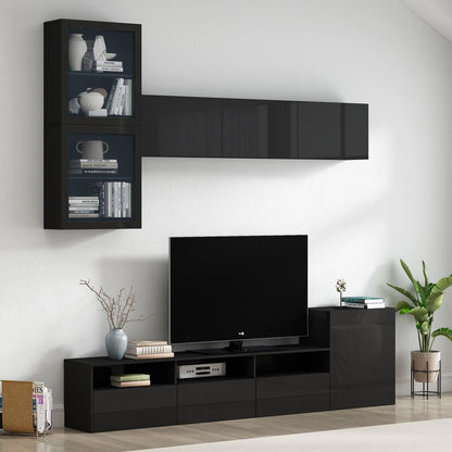 High Gloss TV Stand with Ample Storage Space, Media Console for TVs Up to 75", Versatile Entertainment Center with Wall Mounted Floating Storage Cabinets for Living Room, Black
