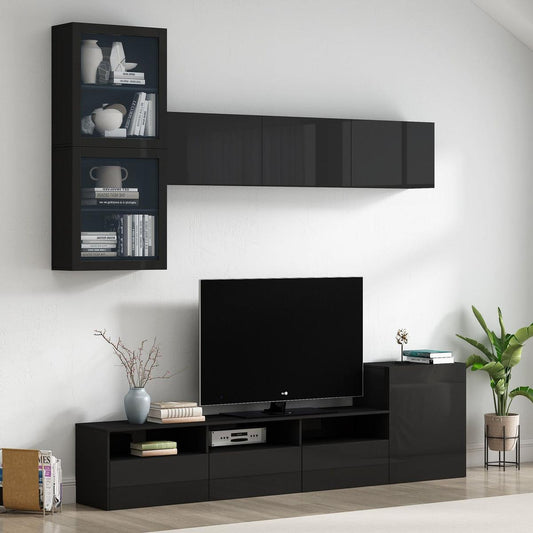 High Gloss TV Stand with Ample Storage Space, Media Console for TVs Up to 75", Versatile Entertainment Center with Wall Mounted Floating Storage Cabinets for Living Room, Black